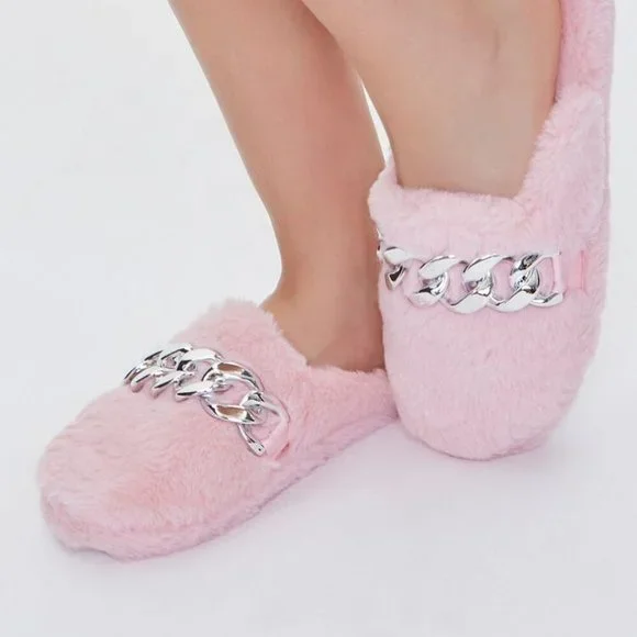 PINK NWT Faux Fur Curb Chain Slippers - Forever 21 - Size Small 4-6 Womens Teens - Picture 2 of 4